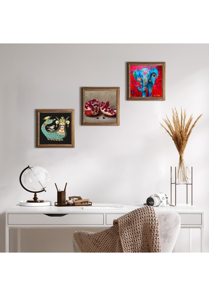 Fil, Şahmeran, Nar Taş Duvar Tablosu Ahşap Çerçeveli Duvar Dekoru 3 Parça Tablo Seti Wall Art W3-1009