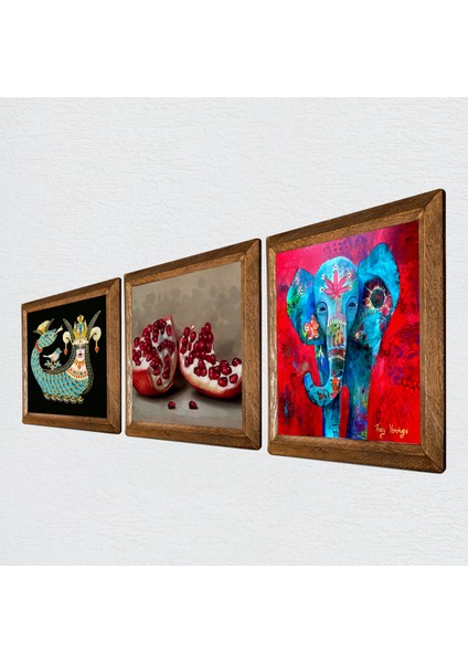 Fil, Şahmeran, Nar Taş Duvar Tablosu Ahşap Çerçeveli Duvar Dekoru 3 Parça Tablo Seti Wall Art W3-1009