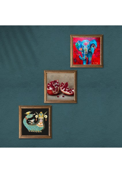 Fil, Şahmeran, Nar Taş Duvar Tablosu Ahşap Çerçeveli Duvar Dekoru 3 Parça Tablo Seti Wall Art W3-1009