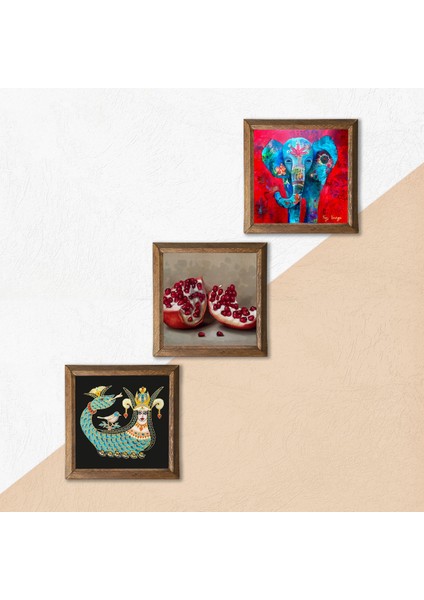 Fil, Şahmeran, Nar Taş Duvar Tablosu Ahşap Çerçeveli Duvar Dekoru 3 Parça Tablo Seti Wall Art W3-1009