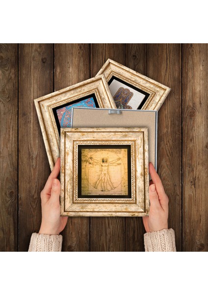 Mozaik, Antik Mısır, Bir Roma Sanat Aşığı, Da Vinci Vitruvius Adamı Taş Duvar Tablosu Çerçeveli Duvar Dekoru 4 Parça Tablo Seti Wall Art T4-98