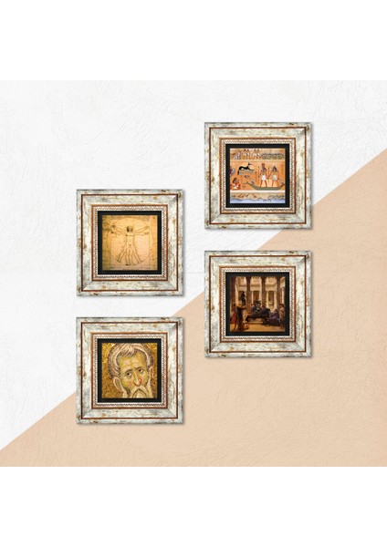 Mozaik, Antik Mısır, Bir Roma Sanat Aşığı, Da Vinci Vitruvius Adamı Taş Duvar Tablosu Çerçeveli Duvar Dekoru 4 Parça Tablo Seti Wall Art T4-98