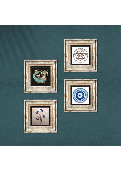 Nazar, Ebru Sanatı, Sri Yantra, Şahmeran Taş Duvar Tablosu Çerçeveli Duvar Dekoru 4 Parça Tablo Seti Wall Art T4-998