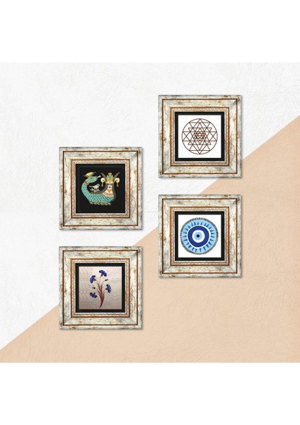 Nazar, Ebru Sanatı, Sri Yantra, Şahmeran Taş Duvar Tablosu Çerçeveli Duvar Dekoru 4 Parça Tablo Seti Wall Art T4-998
