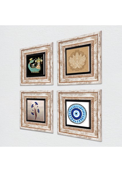 Nazar, Ebru Sanatı, Lotus Çiçeği, Şahmeran Taş Duvar Tablosu Çerçeveli Duvar Dekoru 4 Parça Tablo Seti Wall Art T4-999