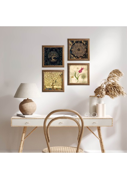 Sri Yantra, Hayat Ağacı, Lale, Gustav Klimt Hayat Ağacı Taş Duvar Tablosu Ahşap Çerçeveli Duvar Dekoru 4 Parça Tablo Seti Wall Art W4-736