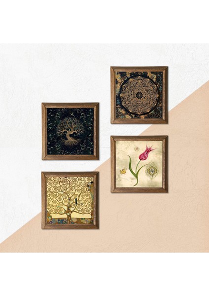 Sri Yantra, Hayat Ağacı, Lale, Gustav Klimt Hayat Ağacı Taş Duvar Tablosu Ahşap Çerçeveli Duvar Dekoru 4 Parça Tablo Seti Wall Art W4-736 indirimleri