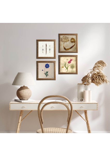 Stone Ebru Sanatı, Lale, Vav, Elif Ahşap Çerçeveli Taş Duvar Tablosu 4’lü Set – 25x25 cm Dekoratif Modern Sanat – Ev ve Ofis Dekoru |W4-915|