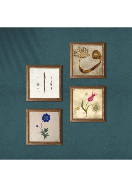 Stone Ebru Sanatı, Lale, Vav, Elif Ahşap Çerçeveli Taş Duvar Tablosu 4’lü Set – 25x25 cm Dekoratif Modern Sanat – Ev ve Ofis Dekoru |W4-915| modelleri
