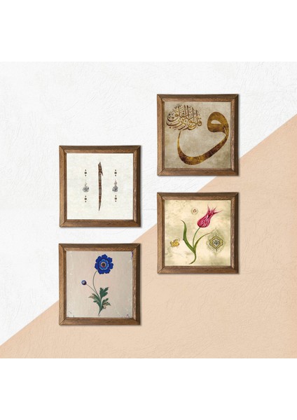 Stone Ebru Sanatı, Lale, Vav, Elif Ahşap Çerçeveli Taş Duvar Tablosu 4’lü Set – 25x25 cm Dekoratif Modern Sanat – Ev ve Ofis Dekoru |W4-915| indirimleri