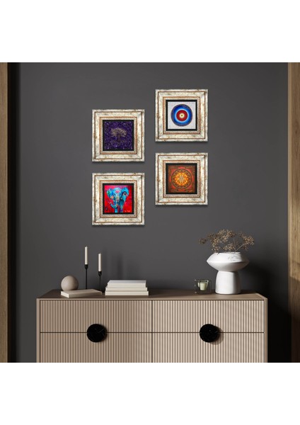 Nazar, Hayat Ağacı, Fil, Sri Yantra Taş Duvar Tablosu Çerçeveli Duvar Dekoru 4 Parça Tablo Seti Wall Art T4-1153