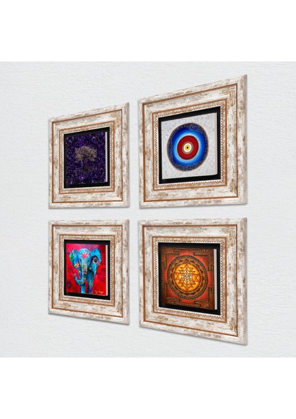 Nazar, Hayat Ağacı, Fil, Sri Yantra Taş Duvar Tablosu Çerçeveli Duvar Dekoru 4 Parça Tablo Seti Wall Art T4-1153 fiyatları