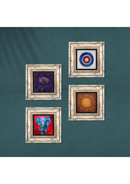 Nazar, Hayat Ağacı, Fil, Sri Yantra Taş Duvar Tablosu Çerçeveli Duvar Dekoru 4 Parça Tablo Seti Wall Art T4-1153 fırsatları