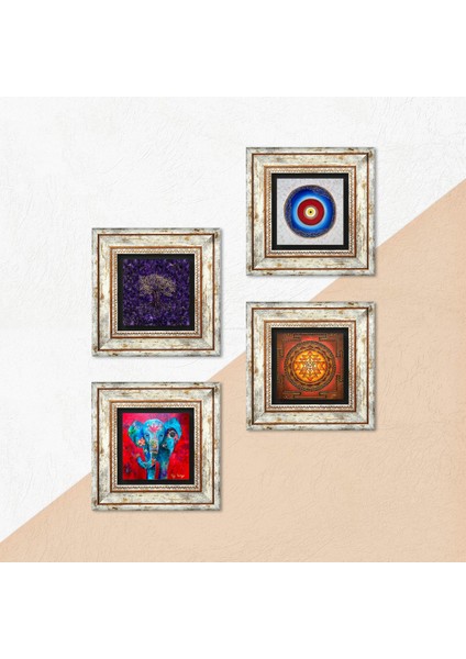 Nazar, Hayat Ağacı, Fil, Sri Yantra Taş Duvar Tablosu Çerçeveli Duvar Dekoru 4 Parça Tablo Seti Wall Art T4-1153 indirimleri
