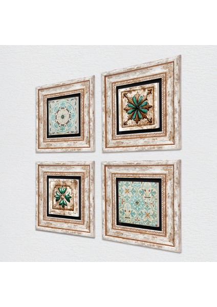 Desen, Fas Desenli Vintage Taş Duvar Tablosu Çerçeveli Duvar Dekoru 4 Parça Tablo Seti Wall Art T4-131