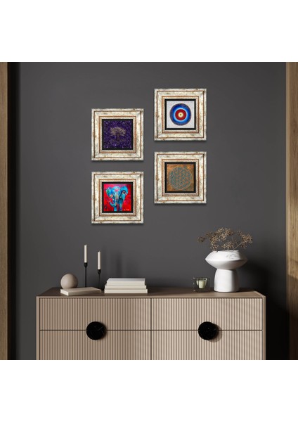 Yaşam Çiçeği, Nazar, Hayat Ağacı, Fil Taş Duvar Tablosu Çerçeveli Duvar Dekoru 4 Parça Tablo Seti Wall Art T4-1166