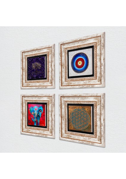 Yaşam Çiçeği, Nazar, Hayat Ağacı, Fil Taş Duvar Tablosu Çerçeveli Duvar Dekoru 4 Parça Tablo Seti Wall Art T4-1166 fiyatları