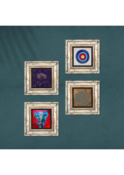 Yaşam Çiçeği, Nazar, Hayat Ağacı, Fil Taş Duvar Tablosu Çerçeveli Duvar Dekoru 4 Parça Tablo Seti Wall Art T4-1166 fırsatları