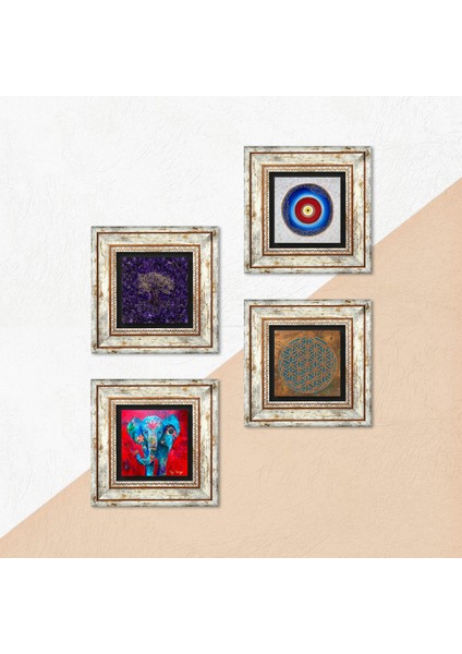 Yaşam Çiçeği, Nazar, Hayat Ağacı, Fil Taş Duvar Tablosu Çerçeveli Duvar Dekoru 4 Parça Tablo Seti Wall Art T4-1166 indirimleri
