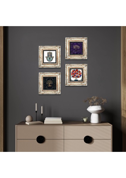 Hayat Ağacı, Nar Ağacı, Fatma Ana Eli (Hamsa) Taş Duvar Tablosu Çerçeveli Duvar Dekoru 4 Parça Tablo Seti Wall Art T4-1168