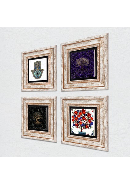 Hayat Ağacı, Nar Ağacı, Fatma Ana Eli (Hamsa) Taş Duvar Tablosu Çerçeveli Duvar Dekoru 4 Parça Tablo Seti Wall Art T4-1168 fiyatları