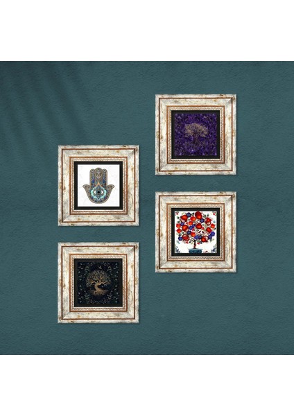 Hayat Ağacı, Nar Ağacı, Fatma Ana Eli (Hamsa) Taş Duvar Tablosu Çerçeveli Duvar Dekoru 4 Parça Tablo Seti Wall Art T4-1168 fırsatları