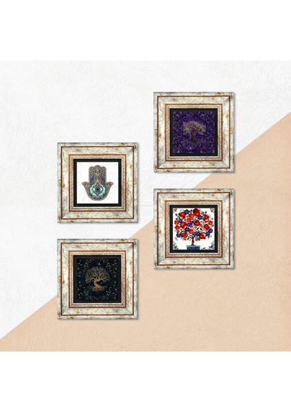 Hayat Ağacı, Nar Ağacı, Fatma Ana Eli (Hamsa) Taş Duvar Tablosu Çerçeveli Duvar Dekoru 4 Parça Tablo Seti Wall Art T4-1168 indirimleri