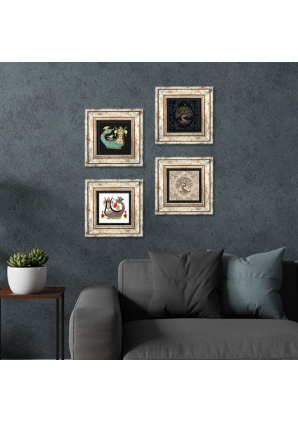 Şahmeran, Hayat Ağacı Taş Duvar Tablosu Çerçeveli Duvar Dekoru 4 Parça Tablo Seti Wall Art T4-117