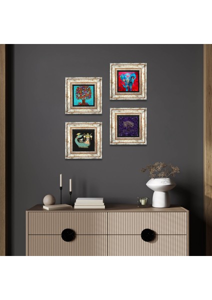 Fil, Hayat Ağacı, Şahmeran Çerçeveli Taş Duvar Tablosu 4’lü Set - Dekoratif Modern Sanat, Ev ve Ofis Dekoru |TK4-1296|