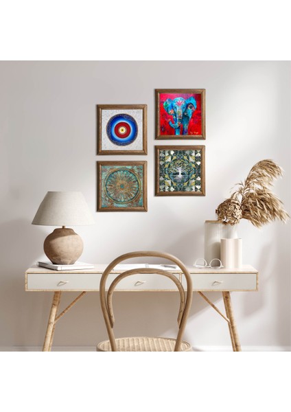 Nazar, Hayat Ağacı, Fil, Yaşam Çiçeği Taş Duvar Tablosu Ahşap Çerçeveli Duvar Dekoru 4 Parça Tablo Seti Wall Art W4-895