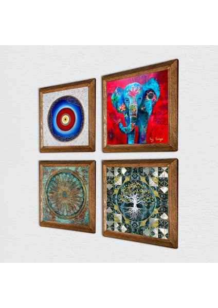 Nazar, Hayat Ağacı, Fil, Yaşam Çiçeği Taş Duvar Tablosu Ahşap Çerçeveli Duvar Dekoru 4 Parça Tablo Seti Wall Art W4-895 fiyatları