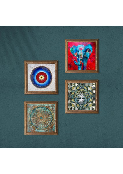 Nazar, Hayat Ağacı, Fil, Yaşam Çiçeği Taş Duvar Tablosu Ahşap Çerçeveli Duvar Dekoru 4 Parça Tablo Seti Wall Art W4-895 modelleri