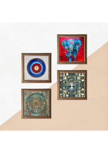 Nazar, Hayat Ağacı, Fil, Yaşam Çiçeği Taş Duvar Tablosu Ahşap Çerçeveli Duvar Dekoru 4 Parça Tablo Seti Wall Art W4-895 indirimleri
