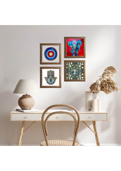 Stone Nazar, Hayat Ağacı, Fil, Fatma Ana Eli (Hamsa) Ahşap Çerçeveli Taş Duvar Tablosu 4’lü Set – 25x25 cm Dekoratif Modern Sanat – Ev ve Ofis Dekoru |W4-913|