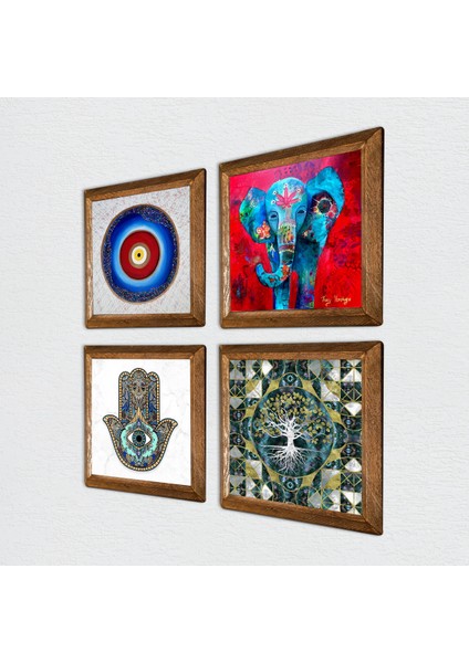 Stone Nazar, Hayat Ağacı, Fil, Fatma Ana Eli (Hamsa) Ahşap Çerçeveli Taş Duvar Tablosu 4’lü Set – 25x25 cm Dekoratif Modern Sanat – Ev ve Ofis Dekoru |W4-913| fiyatları