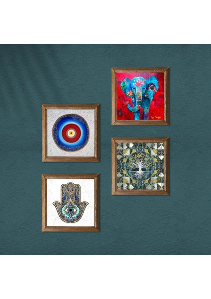 Stone Nazar, Hayat Ağacı, Fil, Fatma Ana Eli (Hamsa) Ahşap Çerçeveli Taş Duvar Tablosu 4’lü Set – 25x25 cm Dekoratif Modern Sanat – Ev ve Ofis Dekoru |W4-913| modelleri