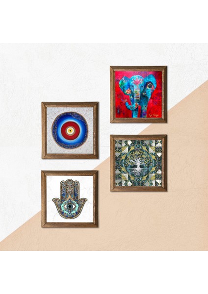 Stone Nazar, Hayat Ağacı, Fil, Fatma Ana Eli (Hamsa) Ahşap Çerçeveli Taş Duvar Tablosu 4’lü Set – 25x25 cm Dekoratif Modern Sanat – Ev ve Ofis Dekoru |W4-913| indirimleri