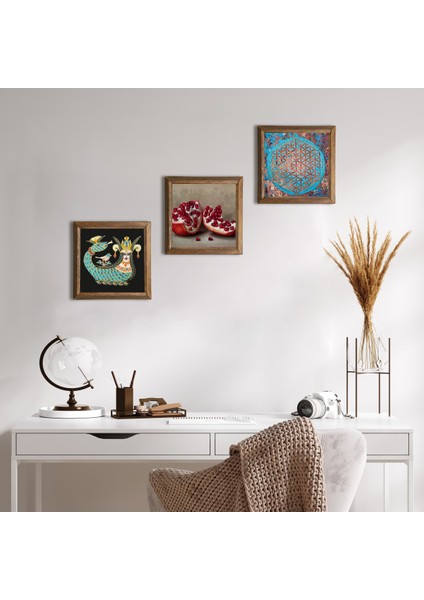 Yaşam Çiçeği, Şahmeran, Nar Ahşap Çerçeveli Taş Duvar Tablosu 3’lü Set – 25x25 cm Dekoratif Modern Sanat – Ev ve Ofis Dekoru |W3-1004|