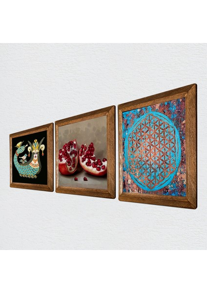 Yaşam Çiçeği, Şahmeran, Nar Ahşap Çerçeveli Taş Duvar Tablosu 3’lü Set – 25x25 cm Dekoratif Modern Sanat – Ev ve Ofis Dekoru |W3-1004| fiyatları