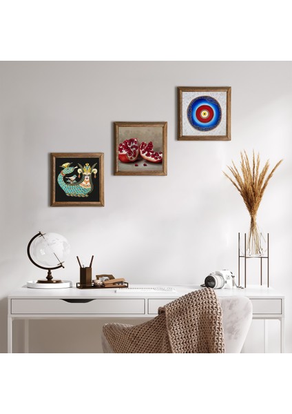 Nazar, Şahmeran, Nar Taş Duvar Tablosu Ahşap Çerçeveli Duvar Dekoru 3 Parça Tablo Seti Wall Art W3-1016