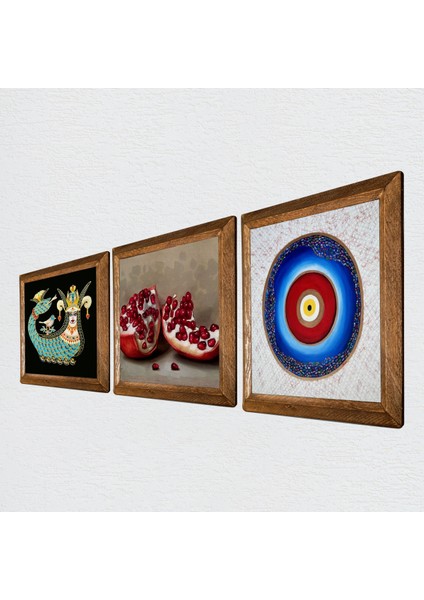 Nazar, Şahmeran, Nar Taş Duvar Tablosu Ahşap Çerçeveli Duvar Dekoru 3 Parça Tablo Seti Wall Art W3-1016