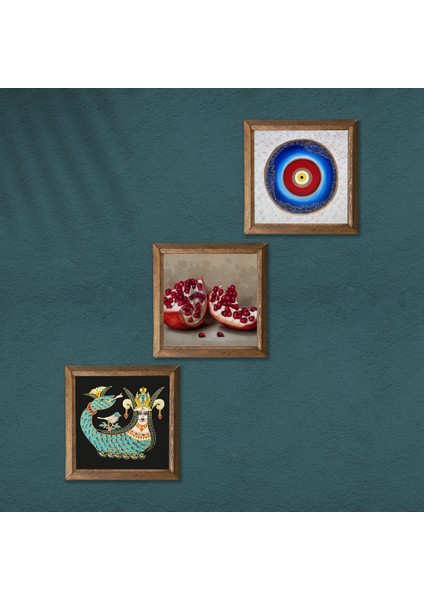 Nazar, Şahmeran, Nar Taş Duvar Tablosu Ahşap Çerçeveli Duvar Dekoru 3 Parça Tablo Seti Wall Art W3-1016