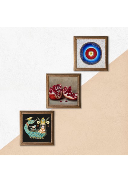 Nazar, Şahmeran, Nar Taş Duvar Tablosu Ahşap Çerçeveli Duvar Dekoru 3 Parça Tablo Seti Wall Art W3-1016