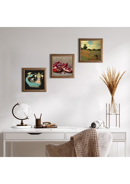 Claude Monet Gelincikler, Şahmeran, Nar Ahşap Çerçeveli Taş Duvar Tablosu 3’lü Set – 25x25 cm Dekoratif Modern Sanat – Ev ve Ofis Dekoru |W3-1018|