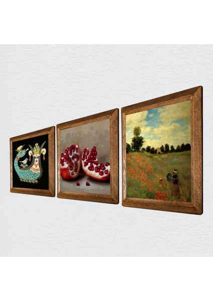 Claude Monet Gelincikler, Şahmeran, Nar Ahşap Çerçeveli Taş Duvar Tablosu 3’lü Set – 25x25 cm Dekoratif Modern Sanat – Ev ve Ofis Dekoru |W3-1018| fiyatları