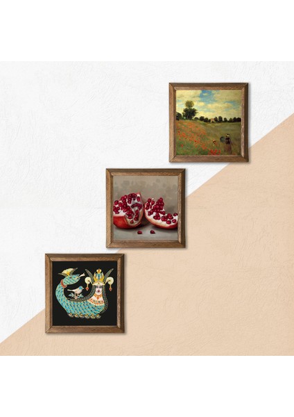Claude Monet Gelincikler, Şahmeran, Nar Ahşap Çerçeveli Taş Duvar Tablosu 3’lü Set – 25x25 cm Dekoratif Modern Sanat – Ev ve Ofis Dekoru |W3-1018| indirimleri