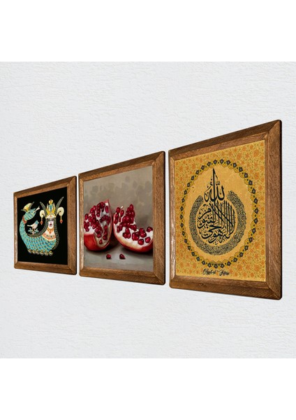 Ayet-el Kürsi, Şahmeran, Nar Taş Duvar Tablosu Ahşap Çerçeveli Duvar Dekoru 3 Parça Tablo Seti Wall Art W3-1023 fiyatları
