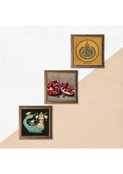 Ayet-el Kürsi, Şahmeran, Nar Taş Duvar Tablosu Ahşap Çerçeveli Duvar Dekoru 3 Parça Tablo Seti Wall Art W3-1023 indirimleri