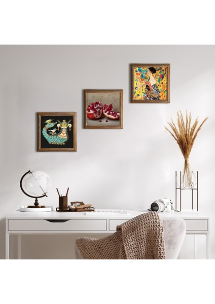 Gustav Klimt Yelpazeli Kadın, Şahmeran, Nar Ahşap Çerçeveli Taş Duvar Tablosu 3’lü Set – 25x25 cm Dekoratif Modern Sanat – Ev ve Ofis Dekoru |W3-1025|
