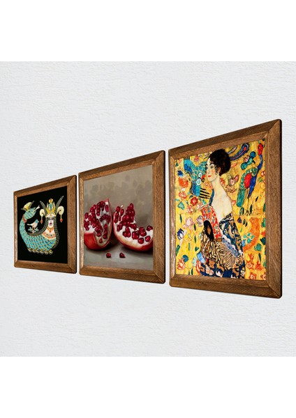 Gustav Klimt Yelpazeli Kadın, Şahmeran, Nar Ahşap Çerçeveli Taş Duvar Tablosu 3’lü Set – 25x25 cm Dekoratif Modern Sanat – Ev ve Ofis Dekoru |W3-1025| fiyatları